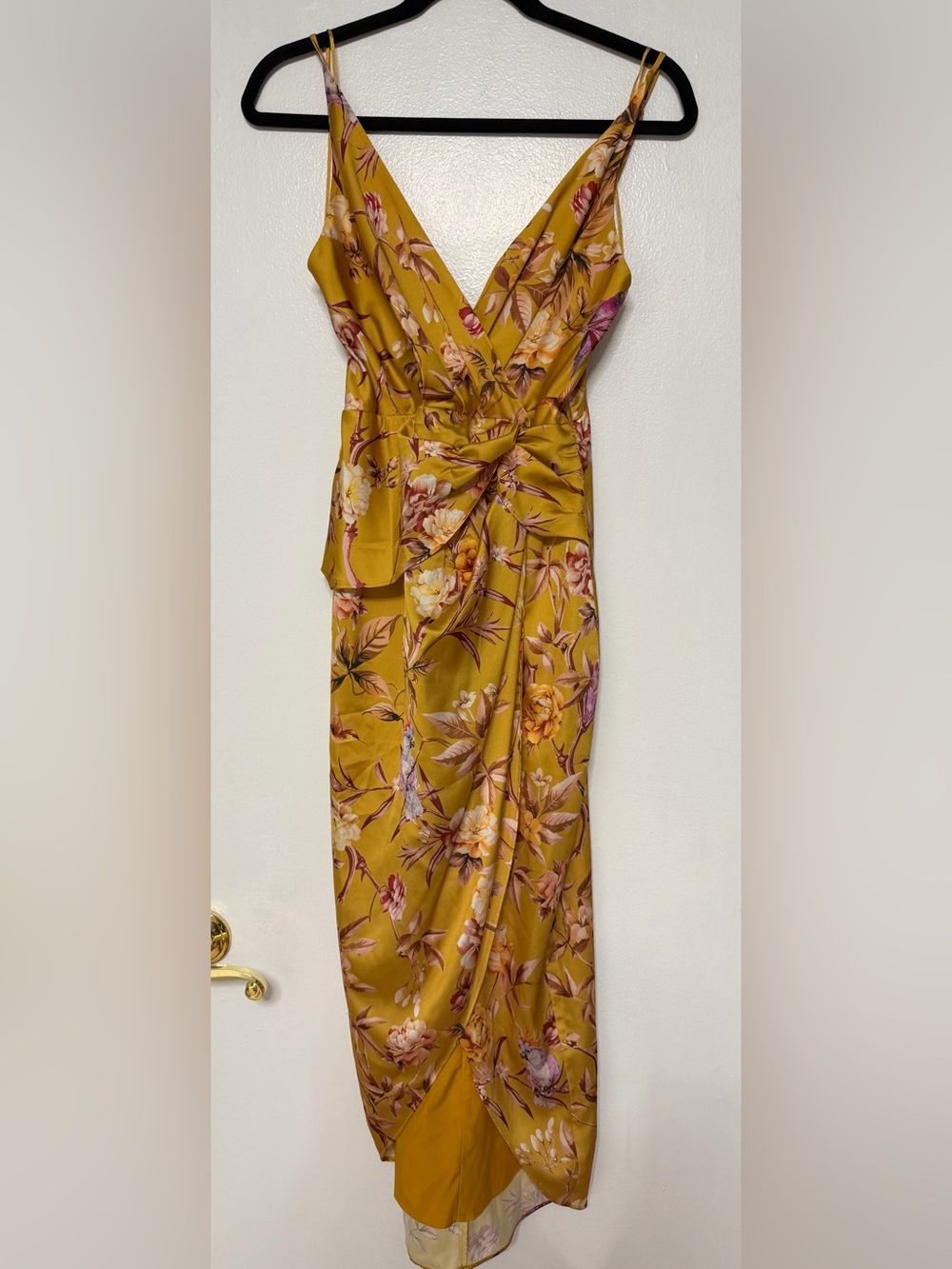 Express Mustard Floral Wrap-Front Midi Dress